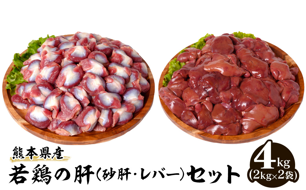 熊本県産 若鶏の肝 (砂肝･レバー) セット 2kg×2袋 合計4kg 詰め合わせ 冷凍