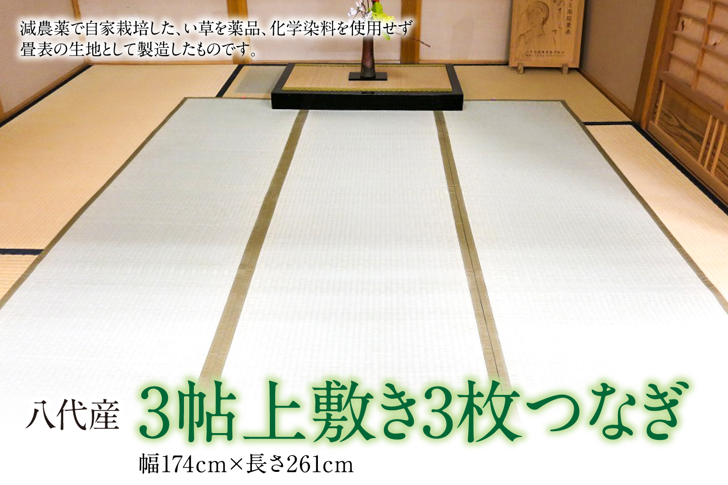 い草 上敷き 江戸間 3帖3枚つなぎ 幅174cm×長さ261cm イグサ 畳 敷物 ござ マット カーペット 熊本県 八代市 特産品 国産 日本製