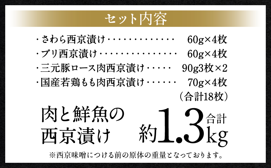 【訳あり】厳選 肉と鮮魚の西京漬け 18枚 約1.3kg