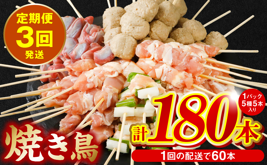 【定期便3回】 やきとり5種 60本セット 期間合計180本 焼き鳥 国産 鶏肉 串 九州産 冷凍 小分け ねぎま とろ もも 砂肝 つくね