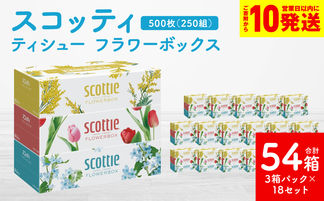 【スコッティ】 ティシュー フラワーボックス 250組 3箱パック×18 合計54箱 ティッシュ 日用品 生活必需品