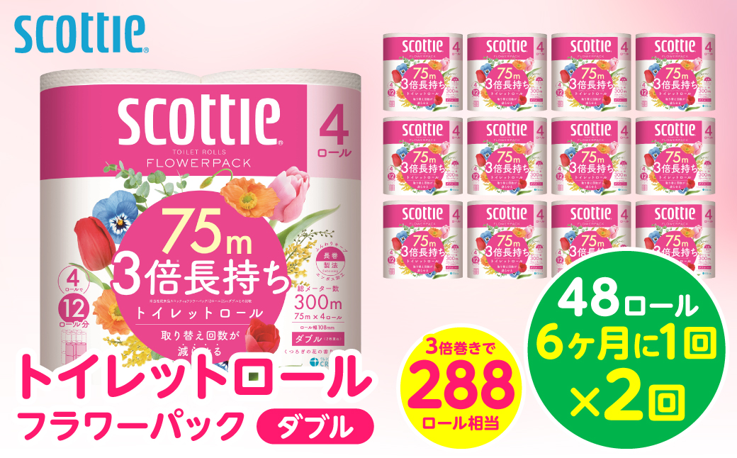 【定期便2回】【6ヶ月に1回お届け】【スコッティ】 トイレットロール ダブル フラワーパック 3倍長持ち 48ロール 合計96ロール 香りつき 日用品 生活必需品