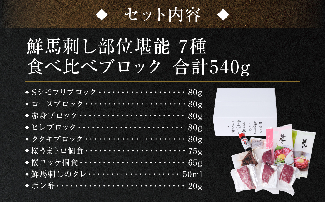 馬刺し部位堪能 7種食べ比べセット（シモフリ・ロース・赤身・ヒレ・タタキ・桜うまトロ・桜ユッケ）専用タレ付き 馬肉 ブロック 冷凍 個装 パック 詰め合わせ