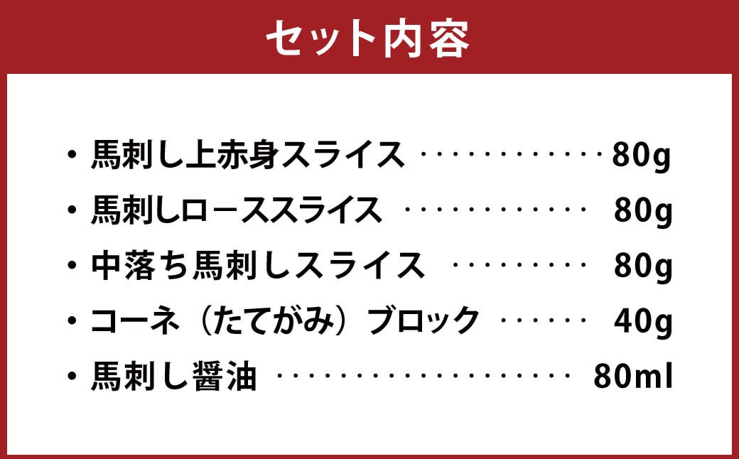 馬刺し・たてがみセットスペシャル 計約280g 4種 セット 馬肉 赤身 ロース 中落ち たてがみ 食べ比べ 醤油