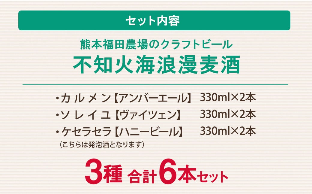 「年内発送」熊本福田農場の クラフト ビール 不知火海浪漫 麦酒 3種 6本 セット