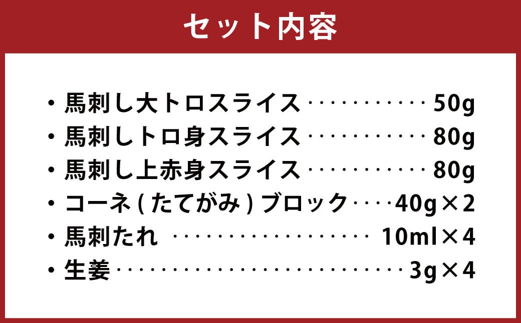 馬刺し 詰合せ 計約290g 4種 馬肉 大トロ トロ身 赤身 たてがみ 食べ比べ たれ 生姜 冷凍