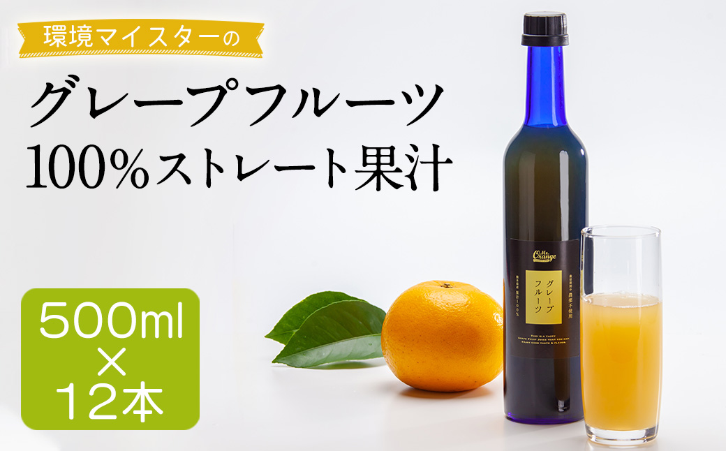 環境マイスターのグレープフルーツ100%ストレート果汁 500ml×12本セット（栽培期間中は無肥料・農薬不使用／食品添加物無添加） ストレート 国産 グレープフルーツ 果汁