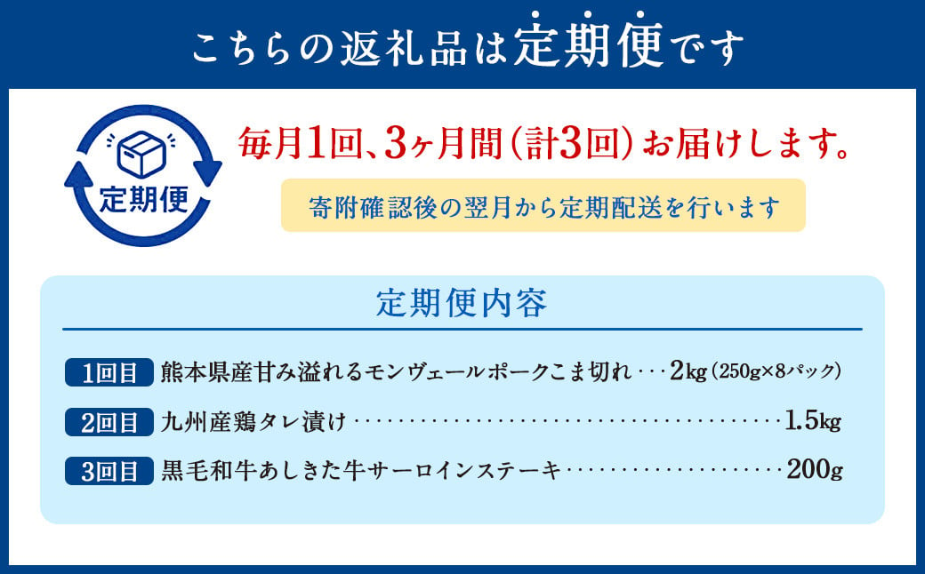 みなまたを満喫！お肉3ヶ月定期便 総量約3.7kg 豚肉 牛肉 鶏肉 こま切れ タレ漬け ステーキ 黒毛和牛 肉 セット おかず 冷凍 定期便 3回