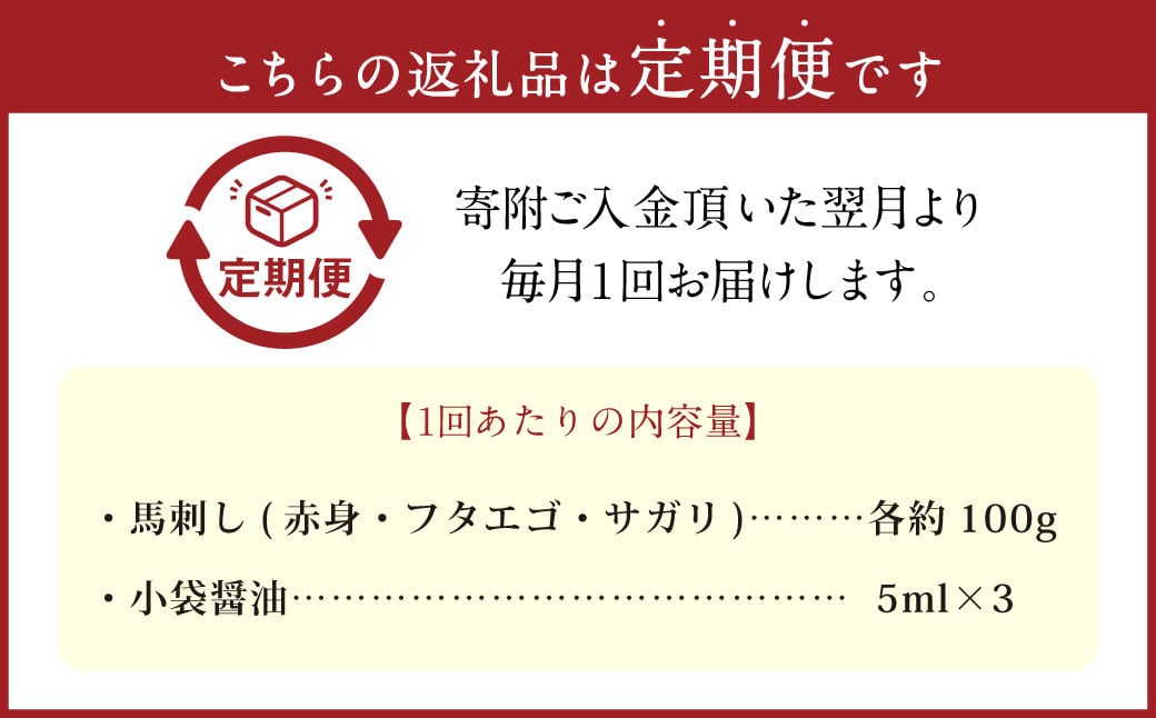 【定期便6回】 3種の馬刺し 約300g 計約1.8kg 【赤身・フタエゴ・サガリ】 熊本 馬肉 馬刺 冷凍