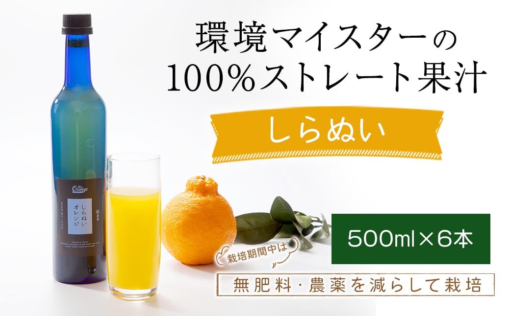 環境マイスターのしらぬい 100%ストレート果汁 500ml×6本セット （無肥料／栽培期間中農薬を減らして栽培／食品添加物無添加） ストレート 国産 不知火 しらぬい 柑橘類 果汁