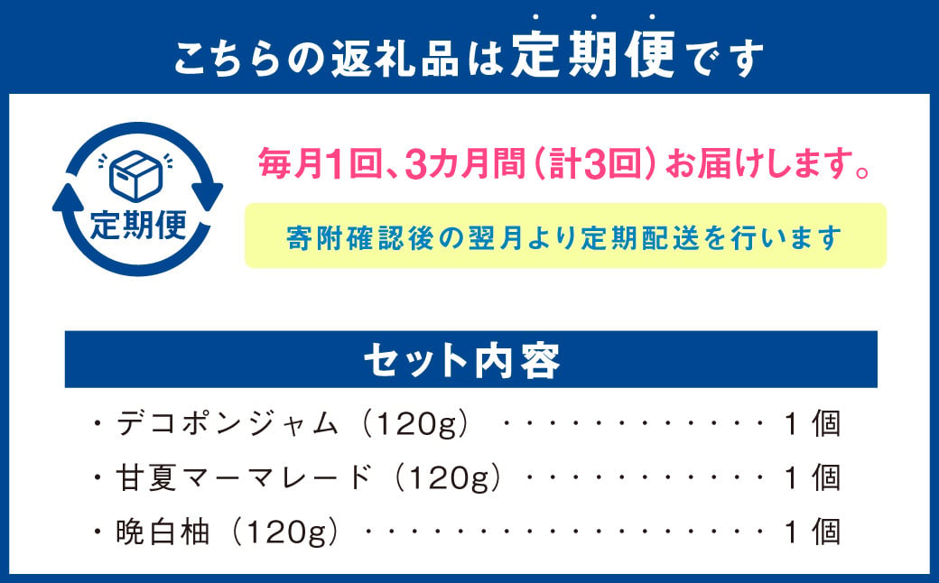 【3ヶ月定期便】熊本みかんのジャムセット(120g×3個)×3回 ジャム 果物 フルーツ 3種類 デコポン 甘夏 晩白柚