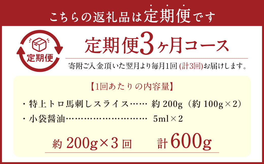 【定期便3回】 特上トロ 馬刺し スライス 約200g （約100g×2） 計約600g 熊本 馬肉 馬刺 霜降り 冷凍