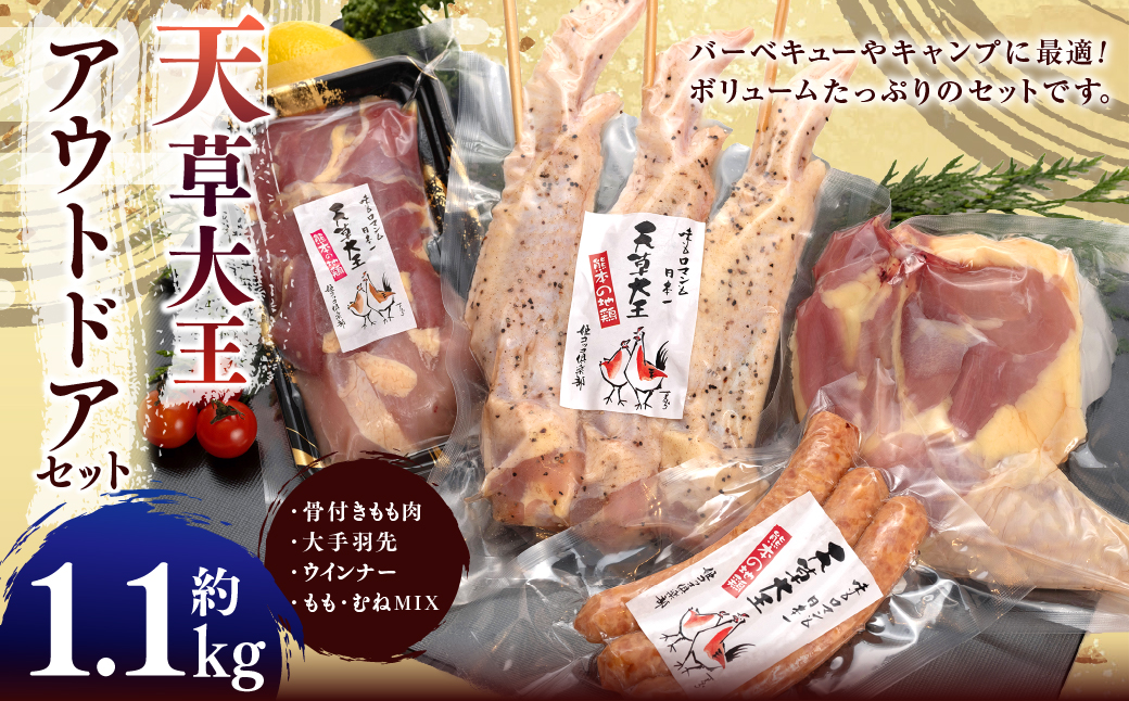 【アウトドアセット】 天草大王 幻の鶏 キャンプ BBQ 骨付きもも肉 (500g) 大手羽先 ソーセージ ブツ切りミックス 計約 1.1kg