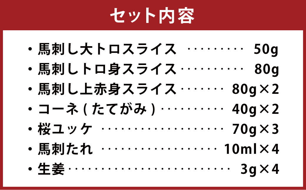 馬刺し 詰合せ ｢宴｣ 計約580g 5種 馬肉 大トロ トロ 赤身 たてがみ 桜ユッケ 食べ比べ たれ 生姜