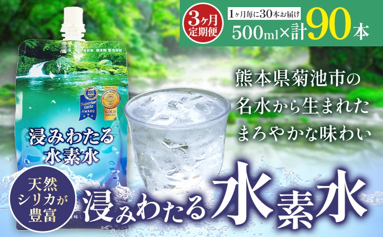 【3ヶ月定期便】浸みわたる水素水 30本 内容量 1本500ml 計45L《お申込み翌月から出荷》水 水素水 天然水 飲料水 ミネラルウォーター アルミパウチ パウチ 国産 九州産 熊本県産 菊池市産