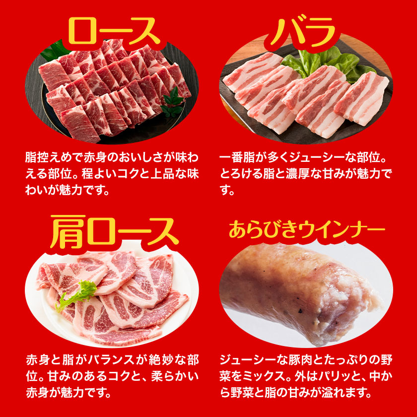 豚肉 焼肉 ＆ ウインナー セット 4種類 食べ比べ 有限会社ハム工房TONGTONG《90日以内に出荷予定(土日祝除く)》熊本県 菊池市 豚肉 セット バラ ロース モモ ウインナー ソーセージ 金TONG 九州産 国産 熊本県産