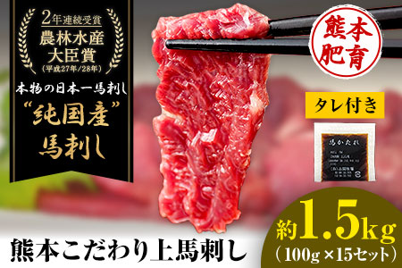 上赤身馬刺し100g×15セット(10ml×15袋)《3-7日以内に出荷予定(土日祝除く)》 熊本県 菊池市 馬刺し 国産 赤身 送料無料 肉 タレ付き 1500g 牛肉よりヘルシー