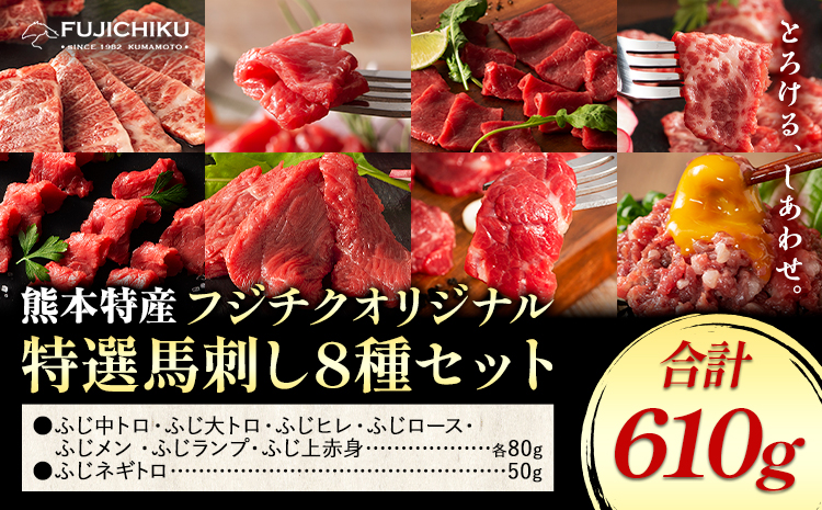 馬肉 熊本特産 フジチクオリジナル 特選 馬刺し 8種 セット 亀井通産株式会社《30日以内に出荷予定(土日祝除く)》 熊本県 菊池市 肉 馬肉 メン 大トロ 中トロ ヒレ シャトーブリアン ロース ランプ 上赤身 ネギトロ ふじ馬刺し セット 食べ比べ