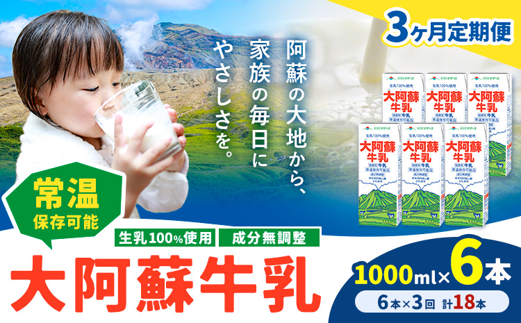 【3ヶ月定期便】牛乳 常温保存可能 成分無調整 生乳100％使用 大阿蘇牛乳 紙パック 1000ml×6本 計18本 合同会社たべたせいか《申込月の翌月から出荷開始》熊本県 菊池市 牛乳 乳飲料 乳性飲料 ドリンク 飲み物 飲料 セット ロングライフ 熊本県産