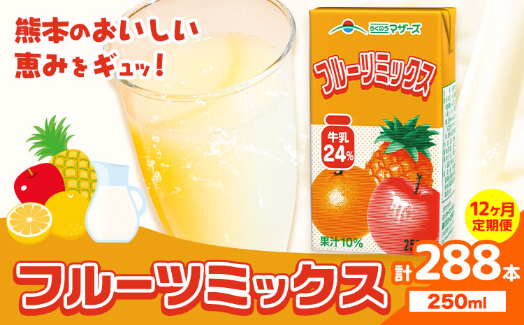 常温保存可能 【1ヶ月毎12回定期便】フルーツミックス250ml×24本 計288本 合同会社たべたせいか《お申し込みの翌月から出荷》熊本県 菊池市 ミックスジュース らくのうマザーズ フルーツ牛乳 フルーツ ジュース 紙パック ジュース ドリンク