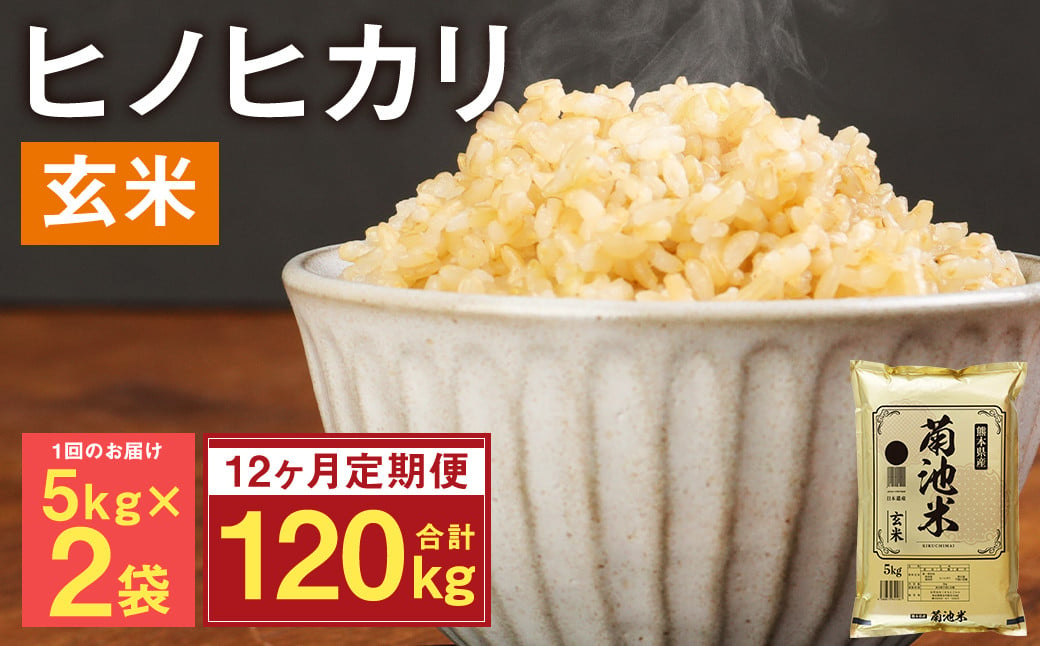 【定期便12ヵ月】熊本県菊池産 ヒノヒカリ 玄米 計120kg（5kg×2袋×12回）米 お米 残留農薬ゼロ 低温貯蔵