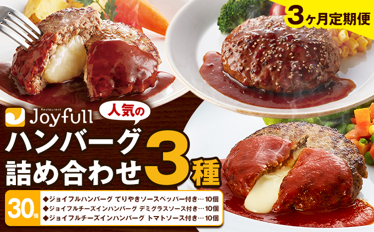 【3ヶ月定期便】ジョイフルハンバーグ 人気の詰め合わせ 30個 生ハンバーグ チーズインハンバーグ 1個120g ソース付き 食べ比べ 3種類 セット 牛肉 ジョイフル 焼くだけ ハンバーグ 惣菜 おかず 冷凍 送料無料《お申込みの翌月出荷予定》