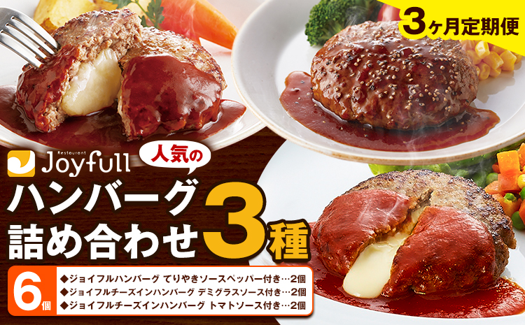 【3ヶ月定期便】ジョイフルハンバーグ 人気の詰め合わせ 6個 生ハンバーグ チーズインハンバーグ 1個120g ソース付き 食べ比べ 3種類 セット 牛肉 ジョイフル 焼くだけ ハンバーグ 惣菜 おかず 冷凍 送料無料《お申込みの翌月出荷予定》