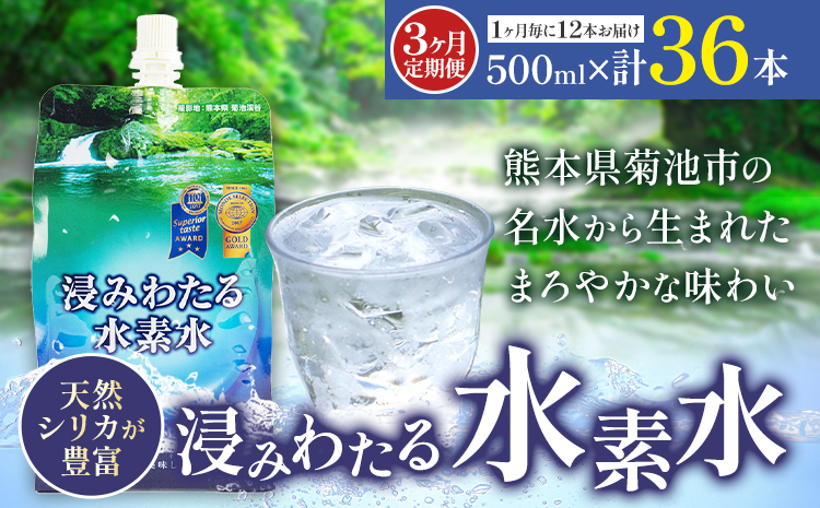 【3ヶ月定期便】浸みわたる水素水 12本 内容量 1本500ml 計18L《お申込み翌月から出荷》水 水素水 天然水 飲料水 ミネラルウォーター アルミパウチ パウチ 国産 九州産 熊本県産 菊池市産