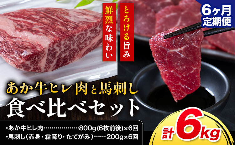 あか牛 ヒレ肉 800g(6枚前後) 馬刺し 3種類 6ヶ月定期便 合計6kg 食べ比べ セット 合同会社たべたせいか《お申し込みの翌月から出荷》詰め合わせ 赤牛 国産和牛 和牛 ステーキ 馬肉 赤身 霜降り たてがみ 熊本県産 九州産 送料無料