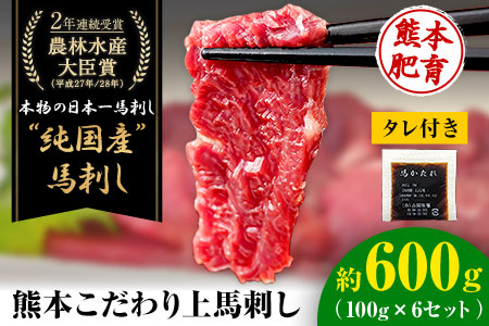 上赤身馬刺し100g×6セット(10ml×6袋)《3-7日以内に出荷予定(土日祝除く)》熊本県 菊池市 馬刺し 国産 赤身 送料無料 肉 タレ付き 600g 牛肉よりヘルシー