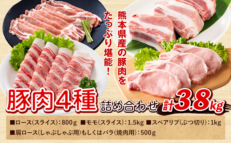 熊本県産 豚肉 詰め合わせ 合計3.8kg 植田商事有限会社 《90日以内に出荷予定(土日祝除く)》 熊本県 菊池市 ローススライス 肩ロースしゃぶしゃぶ用もしくはバラ焼肉用 モモスライス スペアリブ 詰め合わせ 食べ比べ セット お肉 冷凍 国産 送料無料
