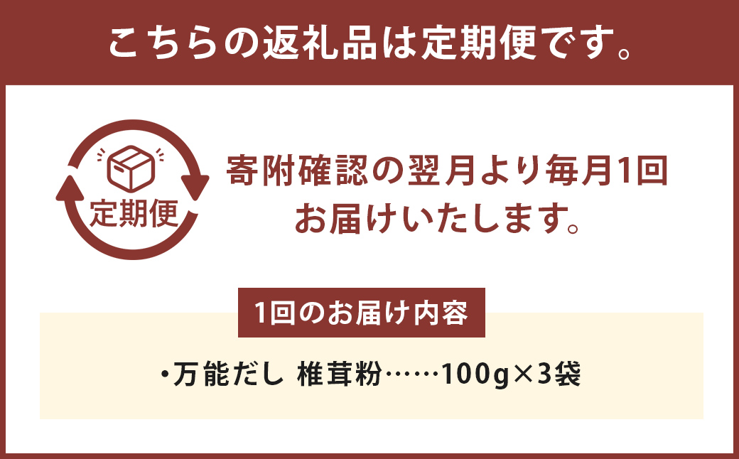 お徳用【6カ月定期】万能だし 椎茸粉 （100g×3袋）×6回 合計1800g 熊本県菊池産 原木椎茸100%  腸内免疫 便利なジッパー付