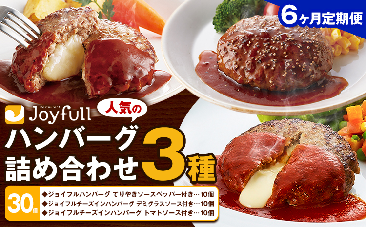 【6ヶ月定期便】ジョイフルハンバーグ 人気の詰め合わせ 30個 生ハンバーグ チーズインハンバーグ 1個120g ソース付き 食べ比べ 3種類 セット 牛肉 ジョイフル 焼くだけ ハンバーグ 惣菜 おかず 冷凍 送料無料《お申込みの翌月出荷予定》