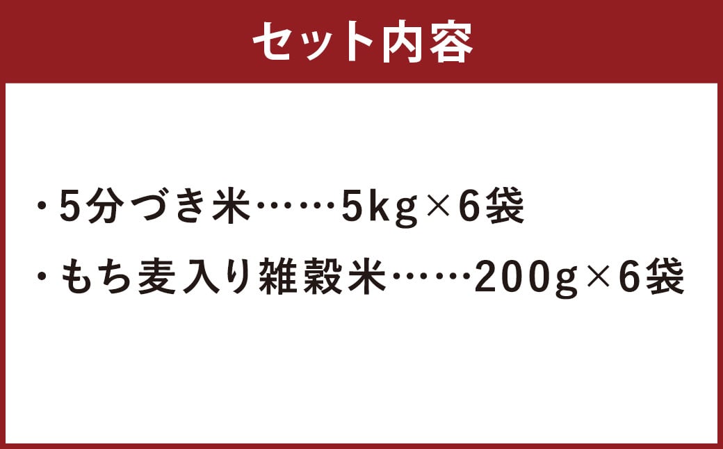 熊本県菊池産 ヒノヒカリ 5分づき米 5kg×6袋 もち麦入り雑穀米 200g×6袋 計31.2kg
