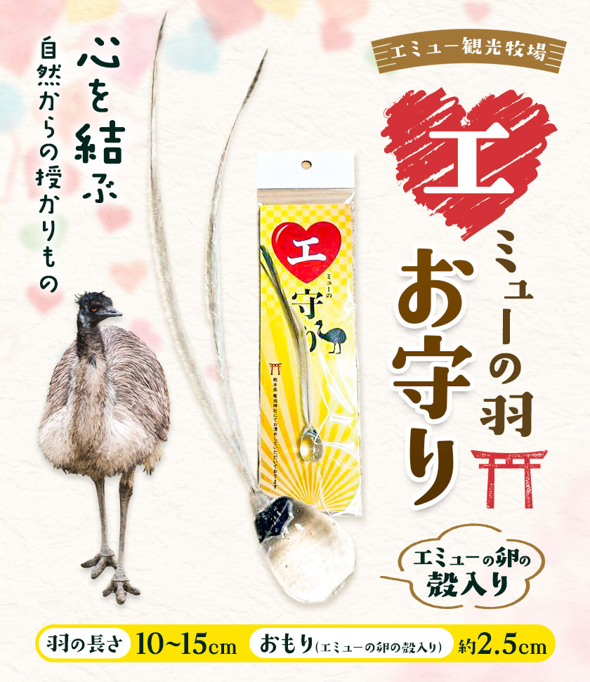 エミューの羽 お守り 全長約18cmエミューの卵の殻入り 熊本県菊池エミュー観光牧場株式会社 《30日以内に出荷予定(土日祝除く)》 熊本県 菊池市 エミュー 縁結び 幸運の羽 羽根 御守り 羽