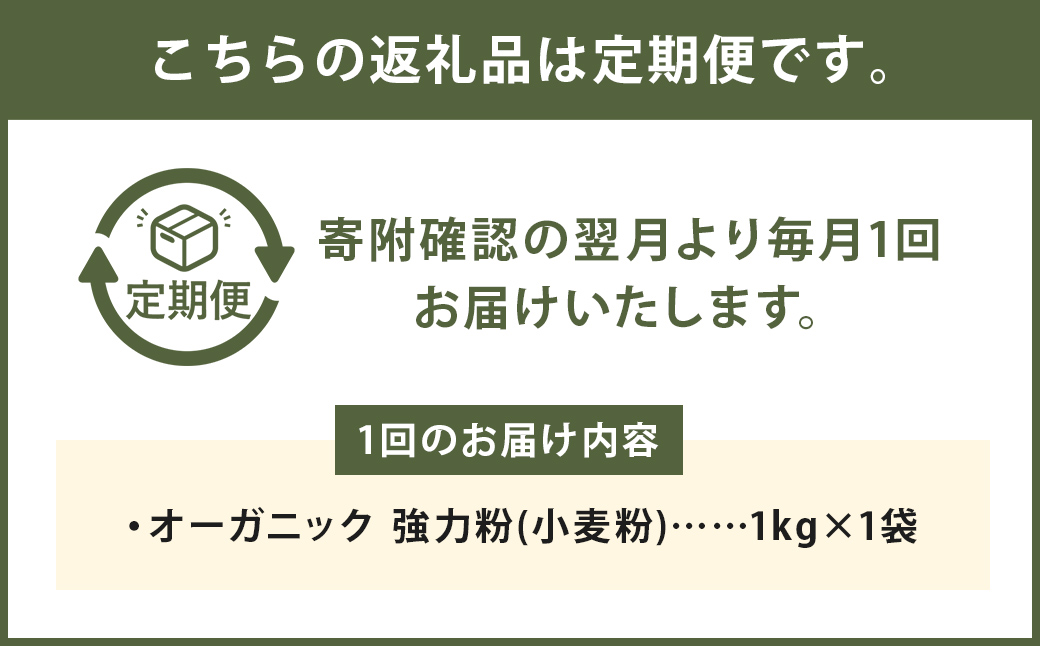 【12カ月定期】オーガニック 強力粉(小麦粉) 1kg×12回 合計12kg 熊本県産 菊池産 保存便利 チャック付袋 スタンド【パン専用】