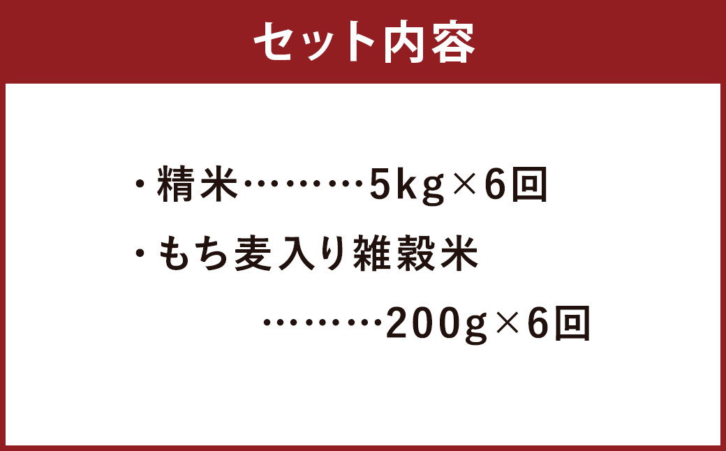 【定期便6ヵ月】熊本県菊池産 ヒノヒカリ 精米 計30kg(5kg×6) もち麦入り雑穀米 計1.2kg(200g×6) 米 お米 低温保管 残留農薬ゼロ