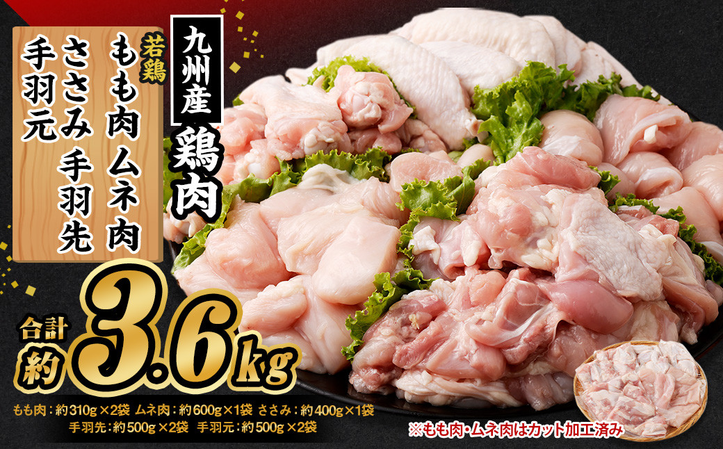 九州産 若鶏もも肉・むね肉・ささみ・手羽先・手羽元セット 合計約3.6