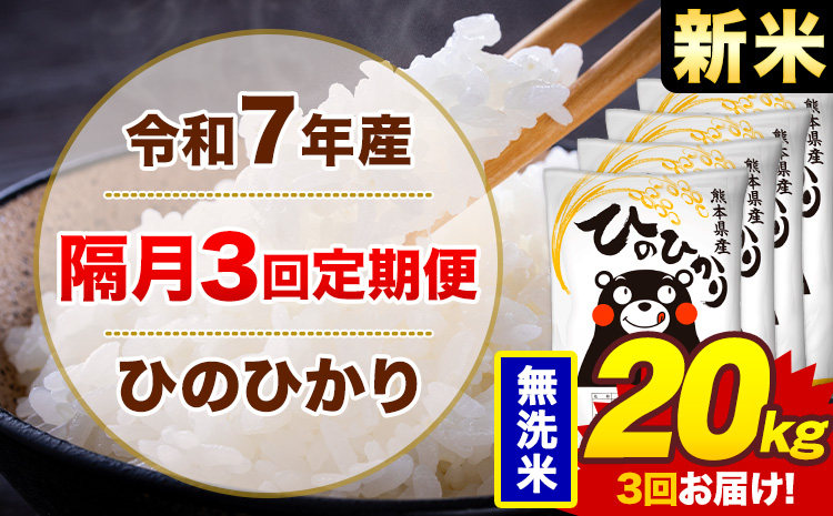 【隔月3回定期便】米 ひのひかり 無洗米 定期便 20kg《お申込み翌月から出荷》熊本県 菊池市 国産 熊本県産 無洗米 精米 送料無料 ヒノヒカリ こめ お米