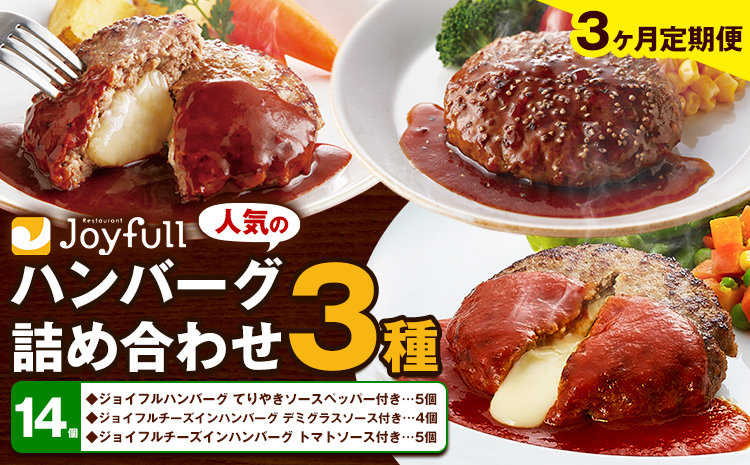 【3ヶ月定期便】ジョイフルハンバーグ 人気の詰め合わせ 14個 生ハンバーグ チーズインハンバーグ 1個120g ソース付き 食べ比べ 3種類 セット 牛肉 ジョイフル 焼くだけ ハンバーグ 惣菜 おかず 冷凍 送料無料《お申込みの翌月出荷予定》