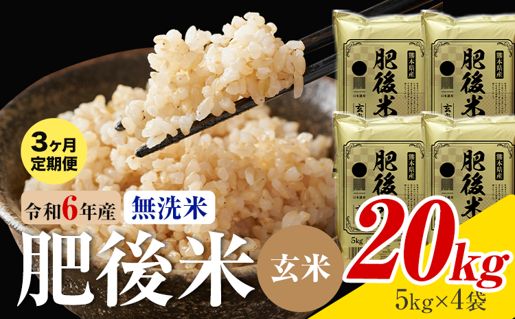 【3ヶ月定期便】熊本県産 肥後米 無洗米 玄米 20kg 1袋5kg 米 お米 令和6年産 九州産 熊本県産 ブレンド米 送料無料《お申込み翌月に出荷予定》玄米 無洗米 米