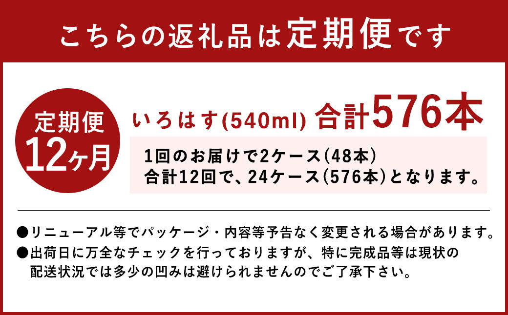 【定期便12ヶ月】 い・ろ・は・す（いろはす）阿蘇の天然水 540mlPET 計576本（24本×2ケース×12回）ミネラルウォーター 水