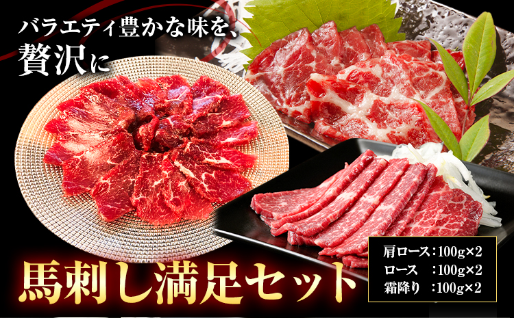 馬刺し満足セット 合計600g 3種類 セット 肩ロース100g×2 霜降り100g×2 ロース100g×2《90日以内に出荷予定(土日祝除く)》熊本県 菊池市 馬肉 馬刺し 食べ比べ 詰め合わせ ブロック 冷凍 送料無料