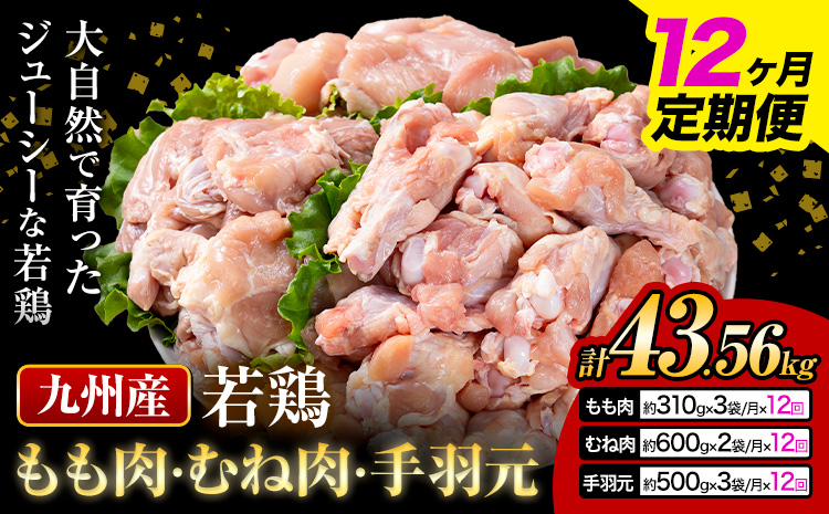 【12ヶ月定期便】 九州産 若鶏もも肉(310g×3袋) ムネ肉(600g×2袋) 手羽元 セット(500g×3袋) 計3.63kg 鶏肉 肉 鶏 手羽 手羽元 唐揚げ 詰め合わせ セット 冷凍 九州 国産 熊本県 菊池市 送料無料《お申込み翌月から出荷》