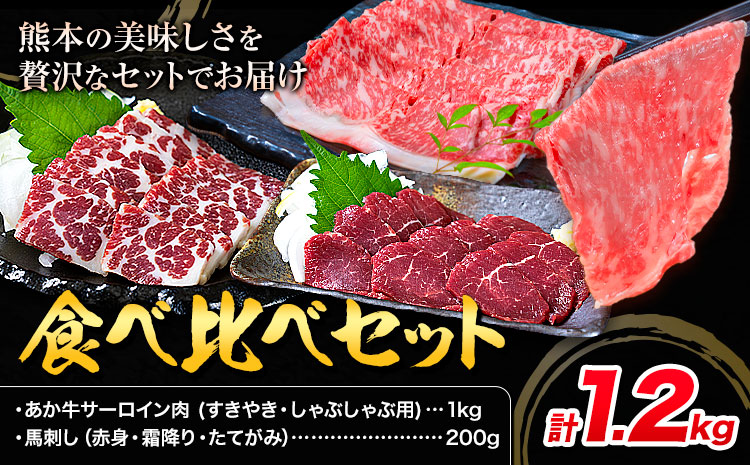 あか牛 すきやき・しゃぶしゃぶ用 サーロイン肉1kg・馬刺し200g 食べ比べセット 計1.2kg 合同会社たべたせいか《30日以内に出荷予定(土日祝除く)》牛肉 和牛 馬刺し セット 熊本県産 送料無料