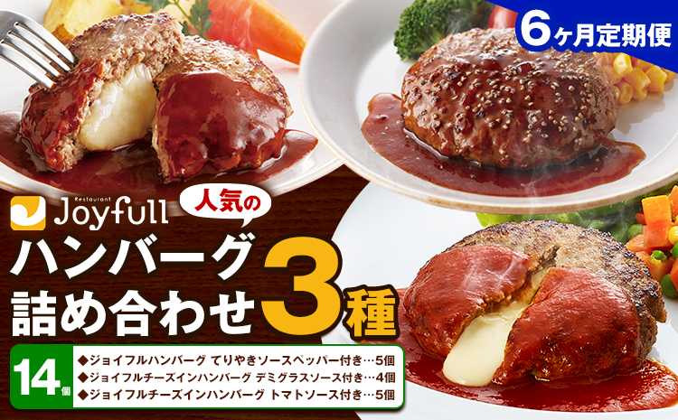 【6ヶ月定期便】ジョイフルハンバーグ 人気の詰め合わせ 14個 生ハンバーグ チーズインハンバーグ 1個120g ソース付き 食べ比べ 3種類 セット 牛肉 ジョイフル 焼くだけ ハンバーグ 惣菜 おかず 冷凍 送料無料《お申込みの翌月出荷予定》