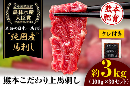上赤身馬刺し100g×30セット(10ml×30袋)《3-7日以内に出荷予定(土日祝除く)》 熊本県 菊池市 馬刺し 国産 赤身 送料無料 肉 タレ付き 3000g 牛肉よりヘルシー