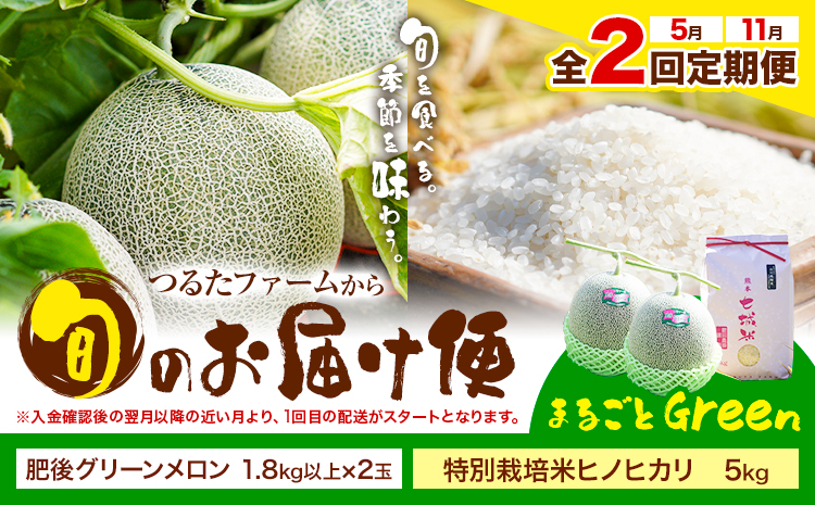 【全2回定期便】つるたファームから旬のお届け便 まるごとGreen 特別栽培米 ヒノヒカリ 5kg 肥後グリーン メロン 2玉 株式会社七城の恵み《メロン5月・米11月出荷予定》熊本県 菊池市 米 メロン ひのひかり 定期便 つるたファーム