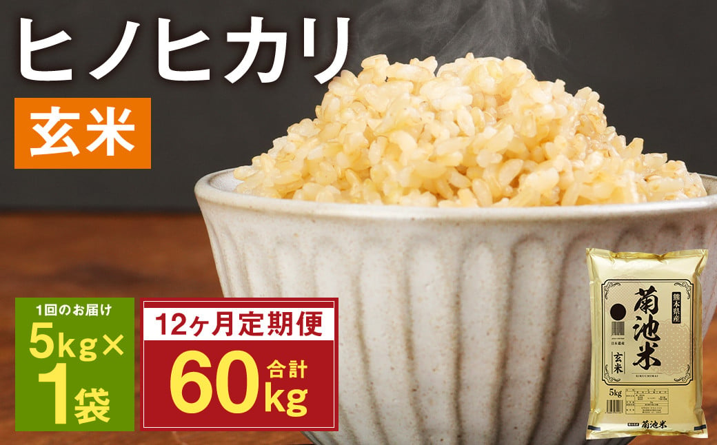 【定期便12ヶ月】熊本県菊池産 ヒノヒカリ 玄米 計60kg（5kg×12回）米 お米 残留農薬ゼロ 低温貯蔵