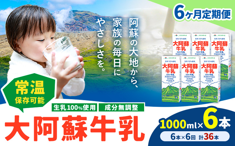 【6ヶ月定期便】牛乳 常温保存可能 成分無調整 生乳100％使用 大阿蘇牛乳 紙パック 1000ml×6本 計36本 合同会社たべたせいか《申込月の翌月から出荷開始》熊本県 菊池市 牛乳 乳飲料 乳性飲料 ドリンク 飲み物 飲料 セット ロングライフ 熊本県産